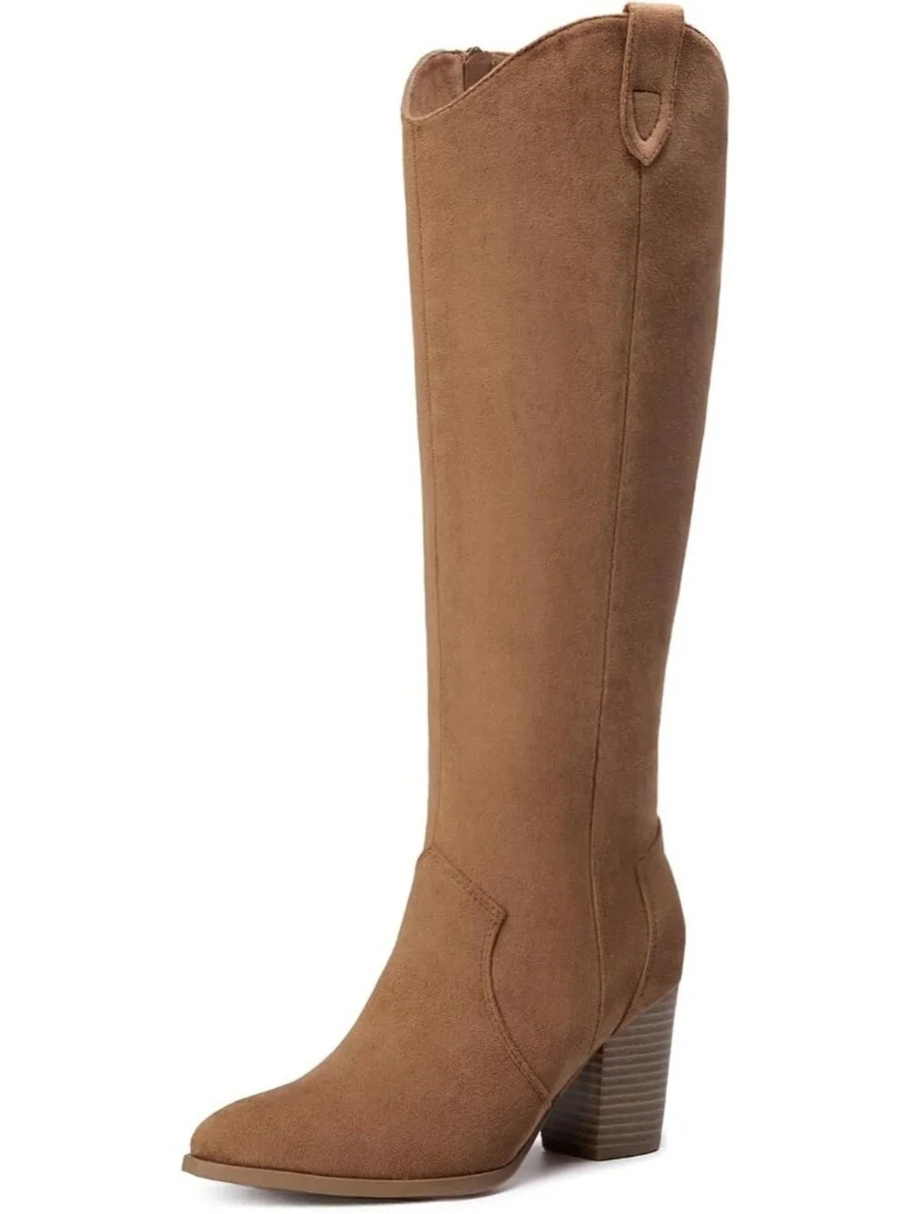 Women Light Brown Suede Chunky Heel Suede Pointed Toe Side Zipper Knee High Boot